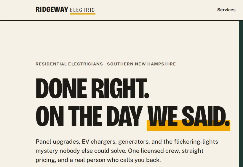 Ridgeway Electric, a sample trades site with a quote form